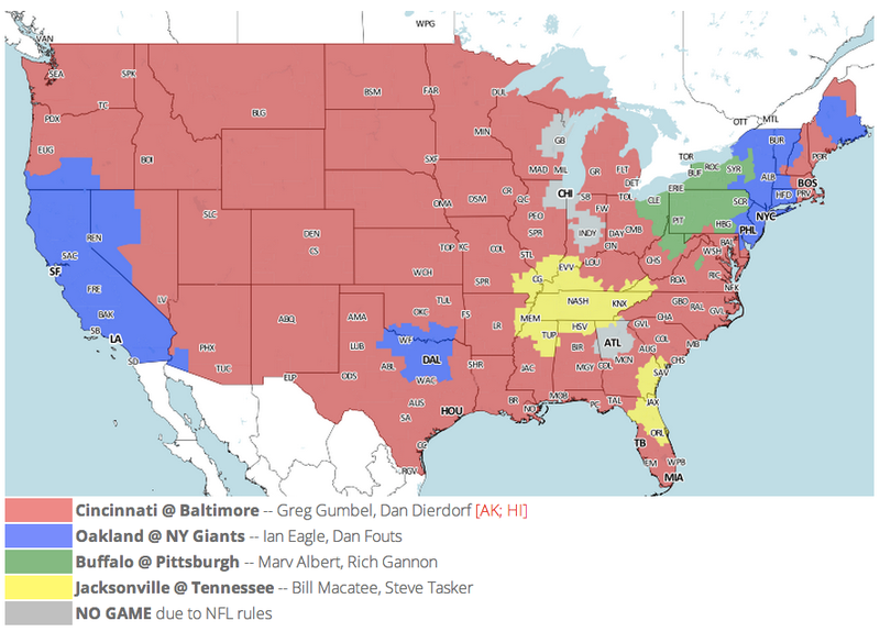 Illustration for article titled Which TV Market's Getting Screwed Today? Your Week 10 NFL Viewing Maps